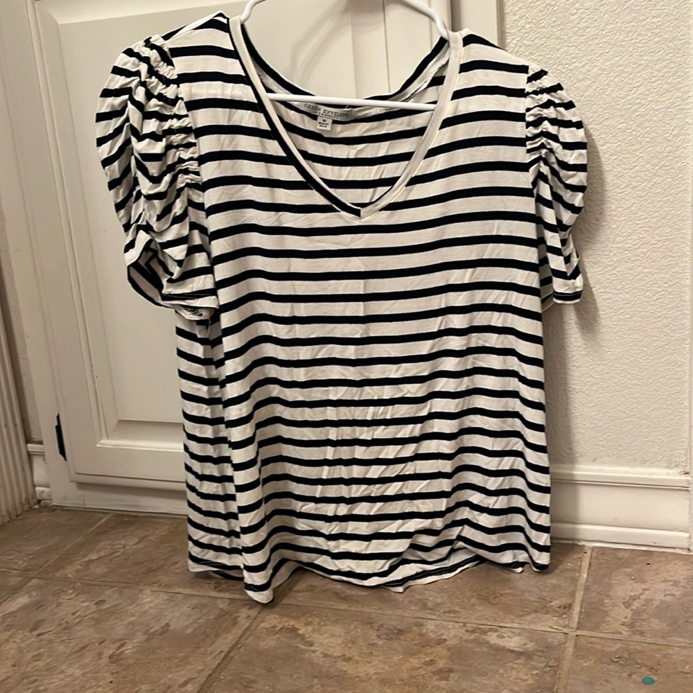 Ruffled short sleeve super soft black and white striped v neck